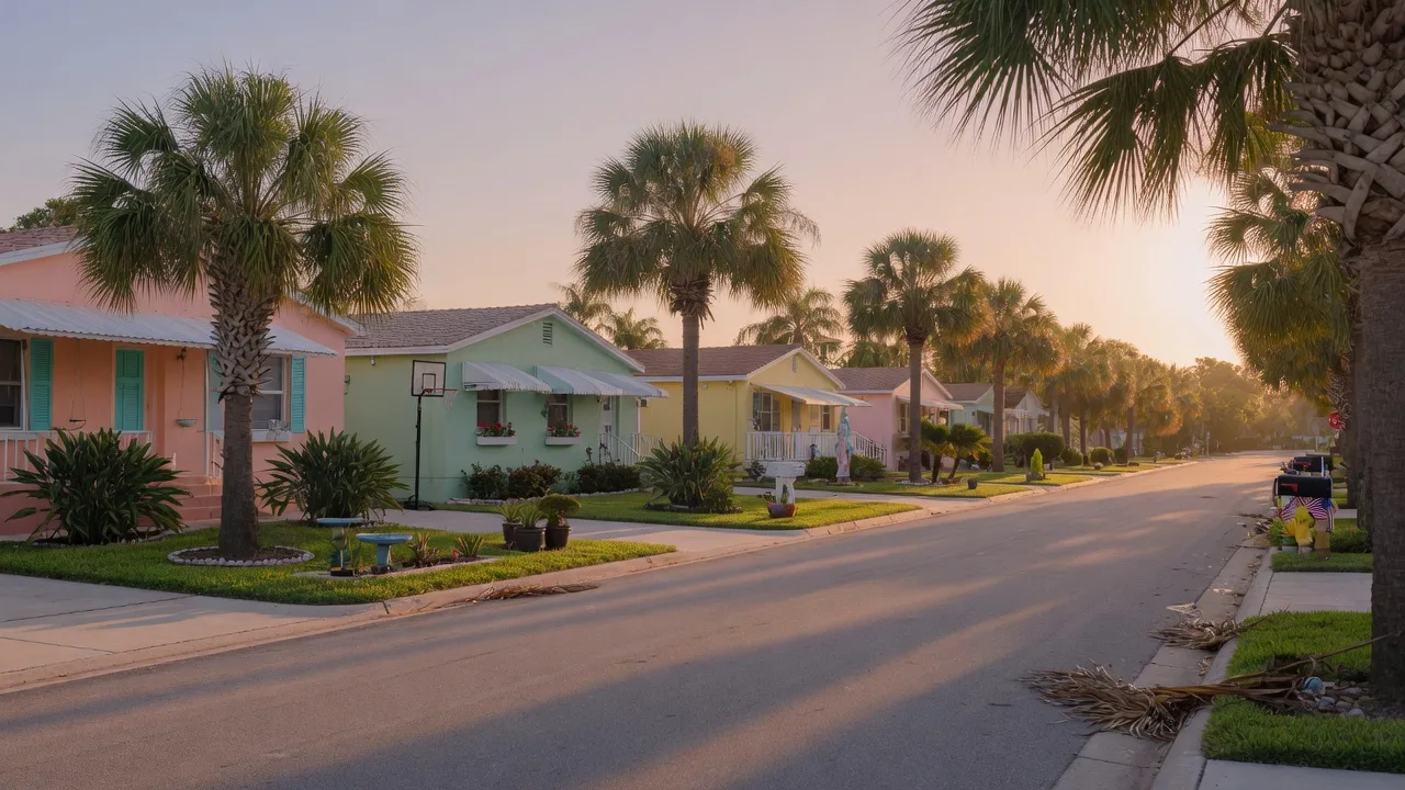 A palm-lined residential street in Corpus Christi at late afternoon