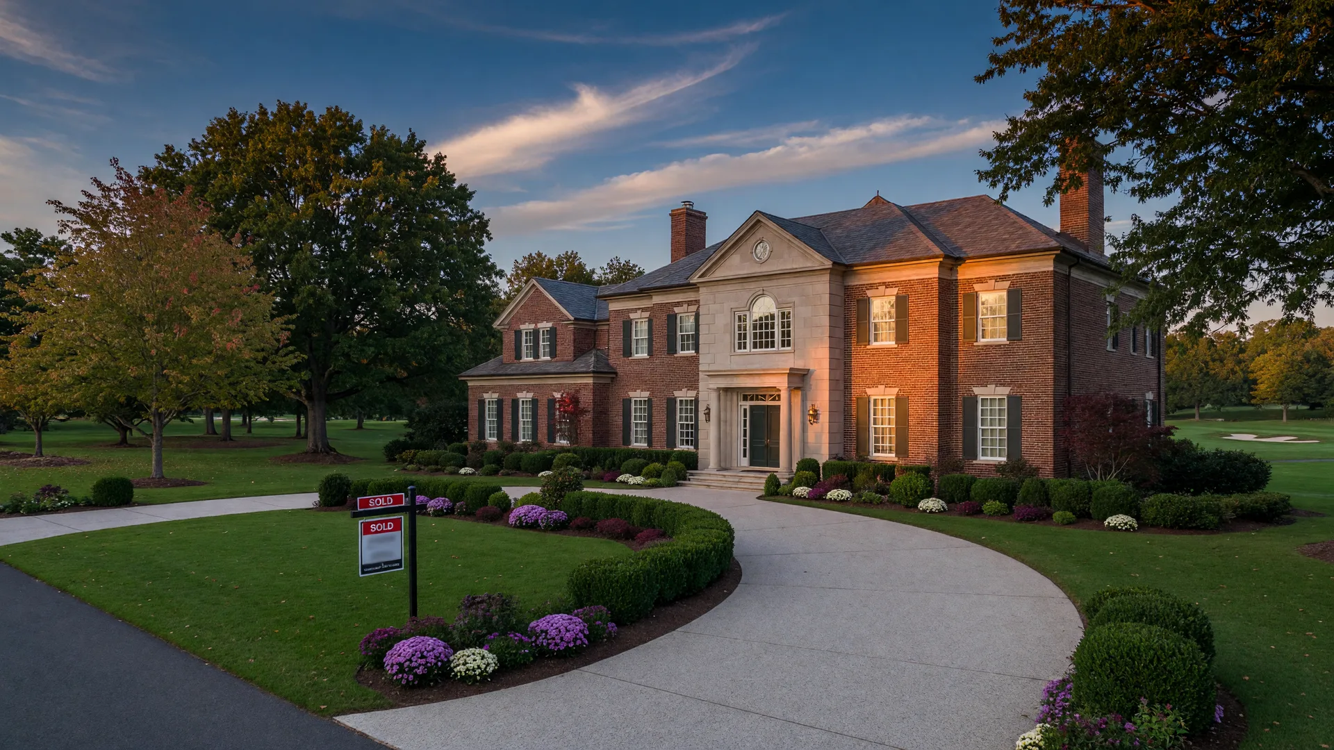Brick and stone Southern estate in an upscale golf course community with a sold sign in the front yard on a warm late-September afternoon
