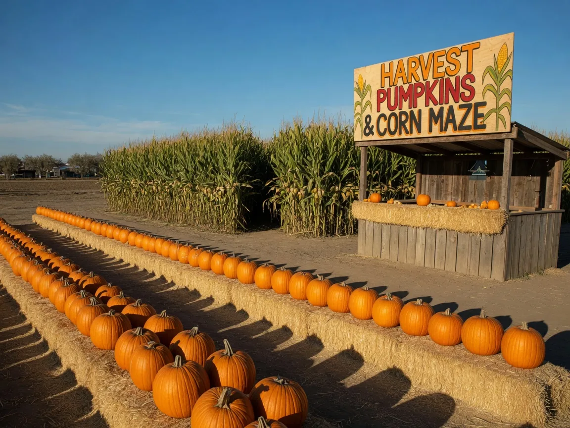 A Central Valley pumpkin patch in Turlock on a sunny late-October afternoon, rows of orange pumpkins on straw bales beside a rustic wooden farm stand with a tall green corn maze behind