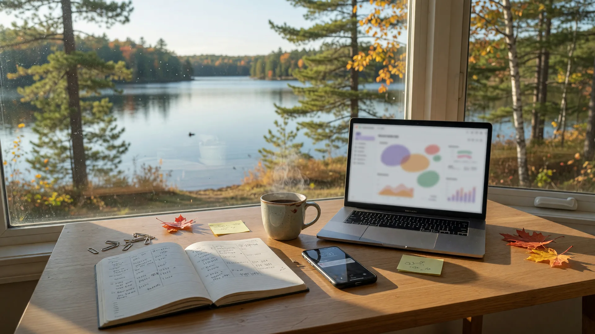 A real estate agent's lakeside home office in central Minnesota with a laptop in soft focus, an open planner of handwritten lead notes, and a coffee mug by a window over a pine-lined lake in early fall