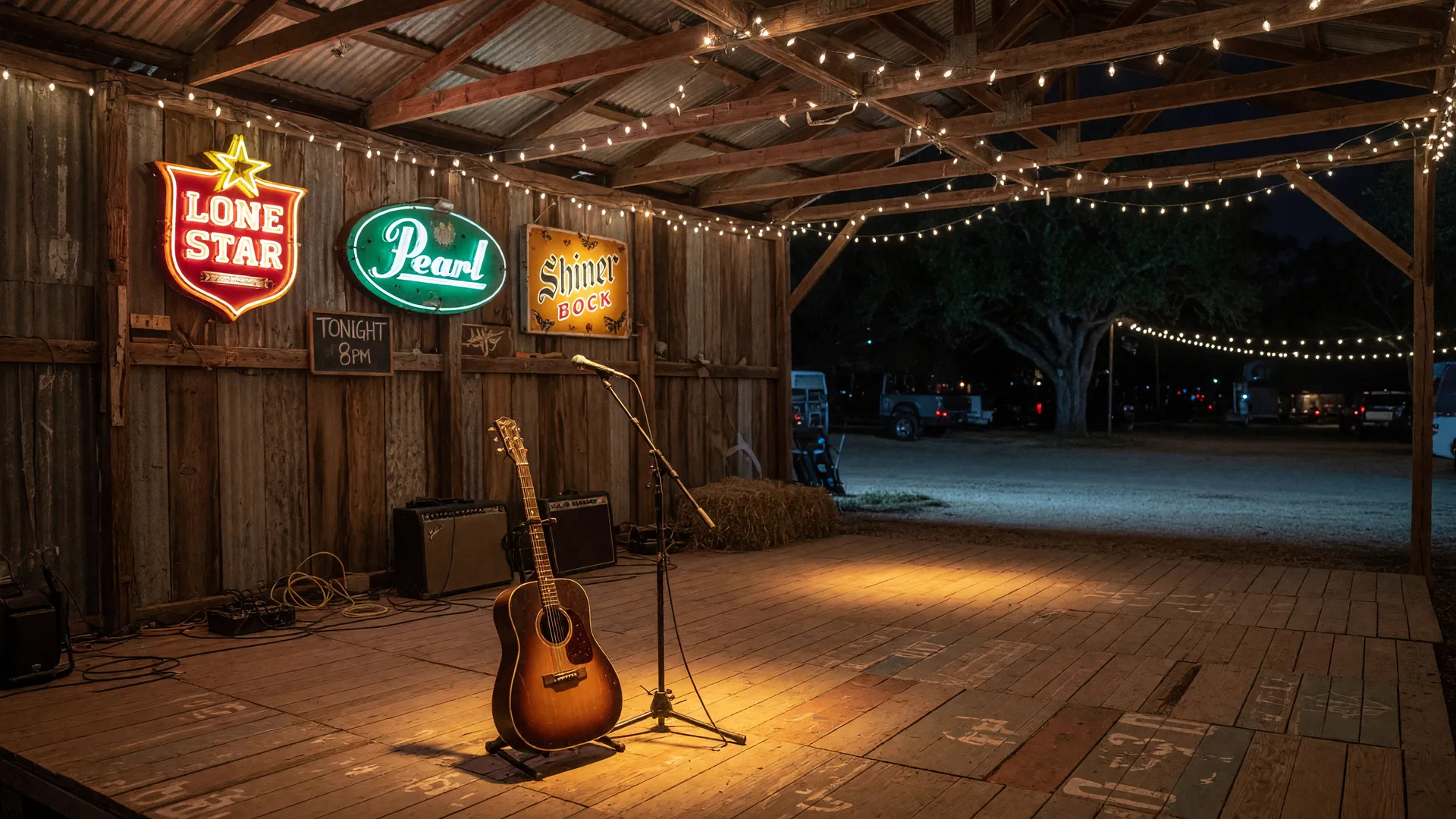 A rustic Texas icehouse barn stage at night with warm string lights overhead, a microphone and guitar on stands, and vintage beer signs glowing on a plank wall