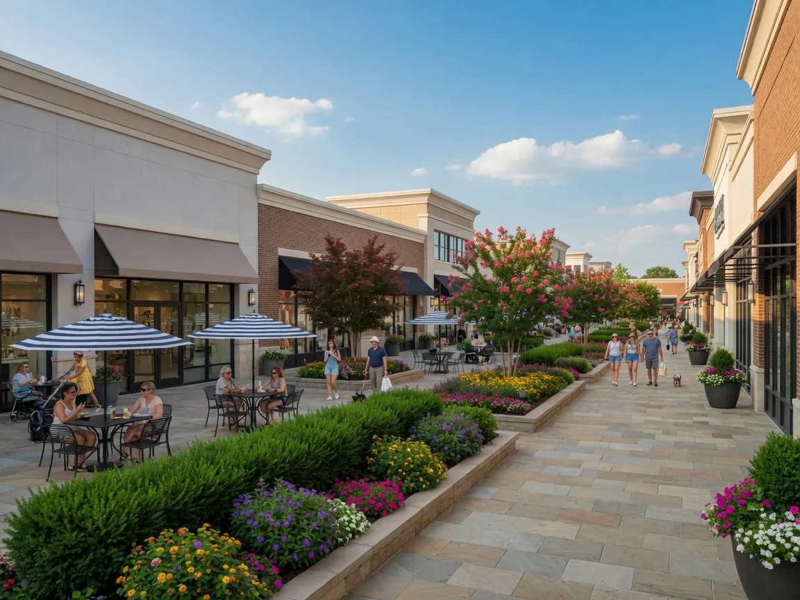 Beavercreek Towne Center shopping district on a bright summer day with storefronts and landscaped walkways