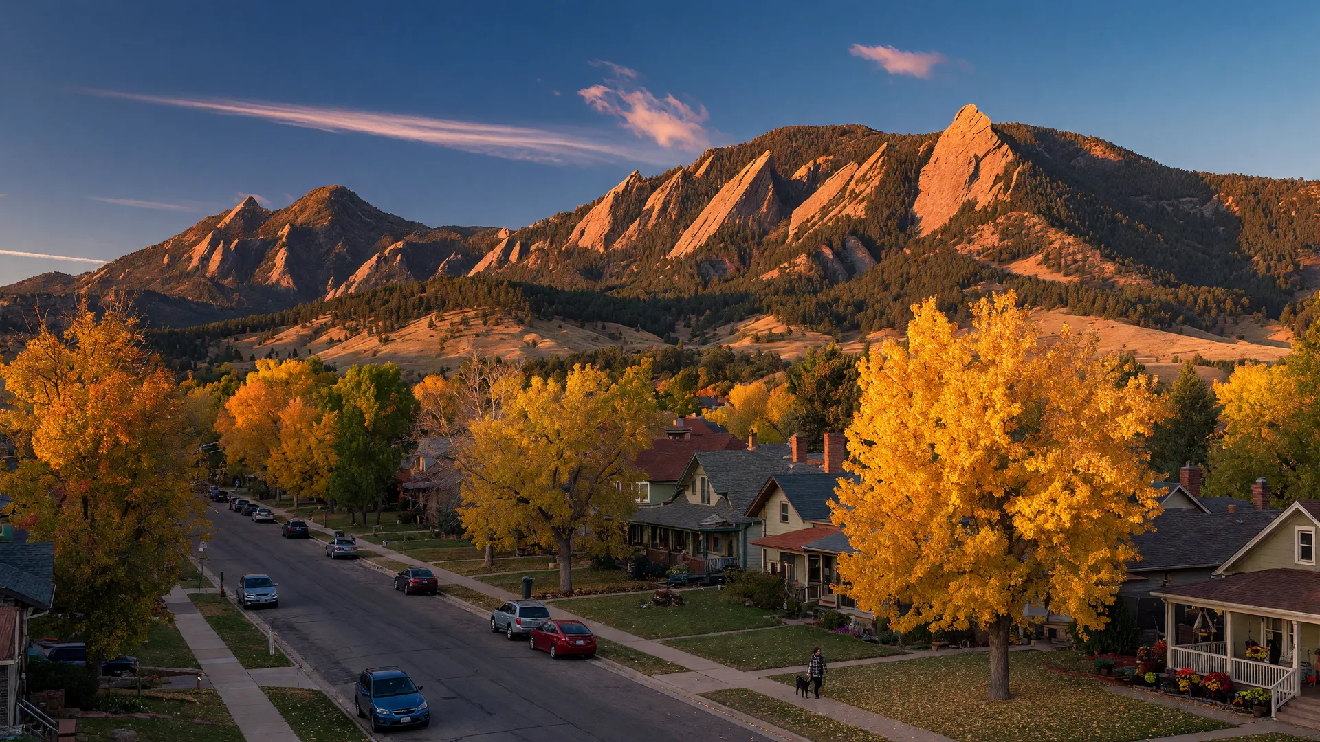 Golden-hour view of Boulder, Colorado with the Flatirons rising behind autumn-colored neighborhoods.