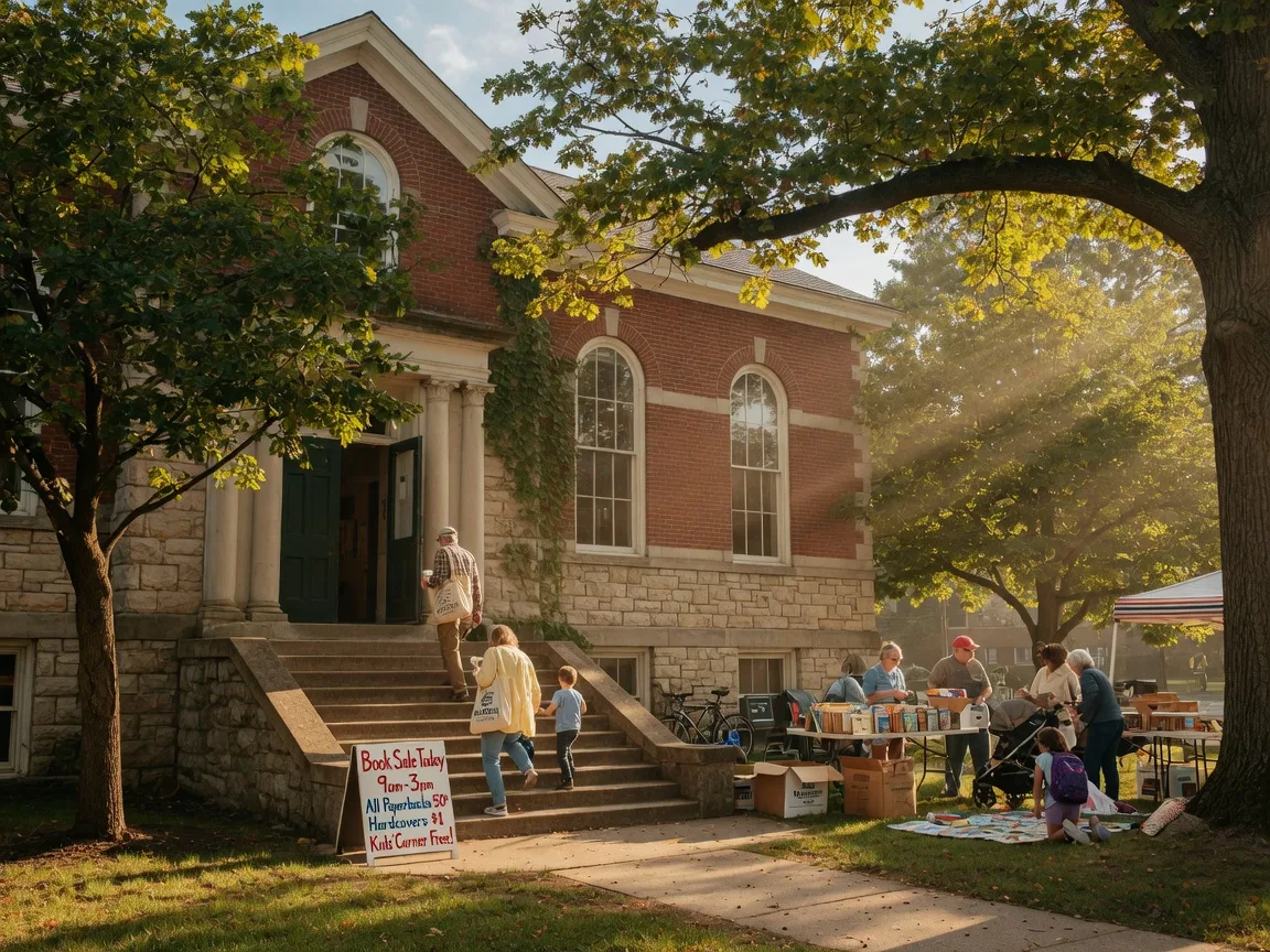 The historic Abington Free Library on a bright late-summer morning, with mature oak trees, people on the front steps with canvas bags, and golden sunlight