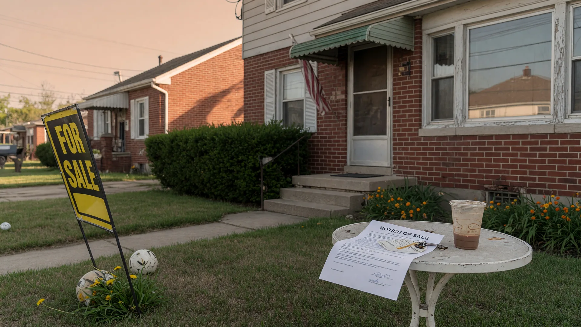 Suburban home with a For Sale sign and a Notice of Sale document, representing foreclosure concepts