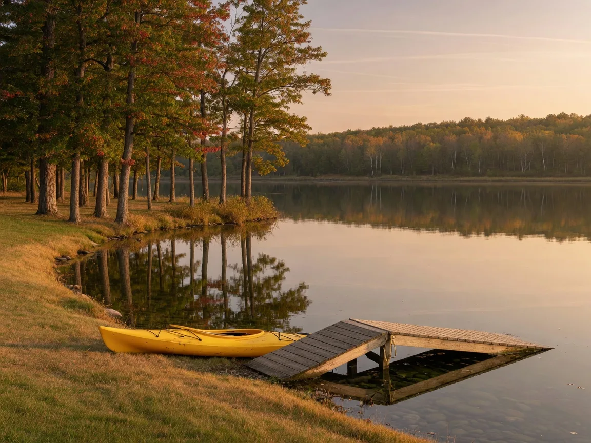 Calm Michigan lake near Columbiaville with a kayak on the shore and a small public boat launch in warm light