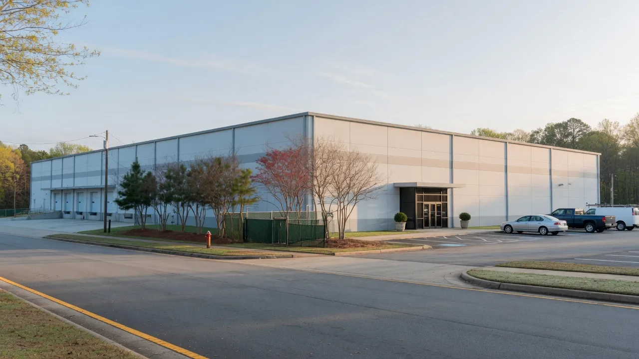 A modern low-rise electrical manufacturing facility along a suburban Georgia road
