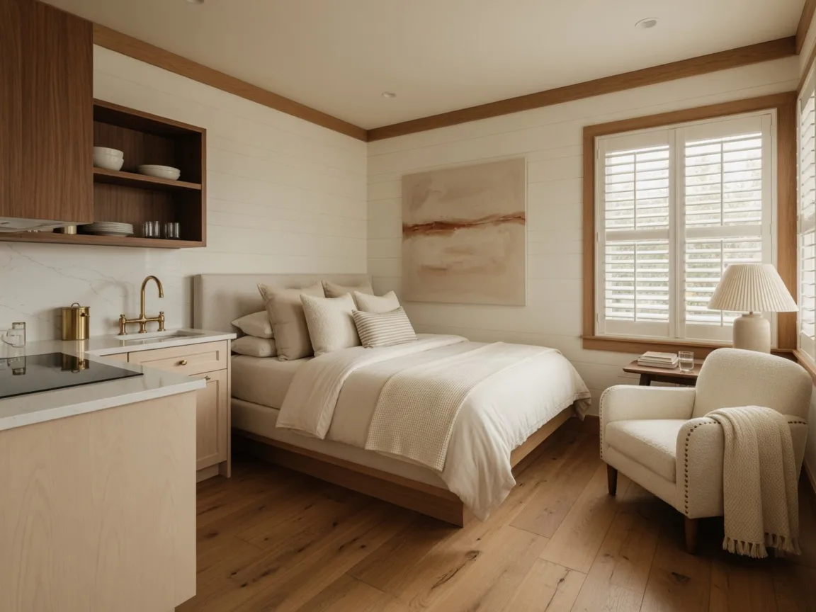 Bright luxury accessory dwelling interior with a designer kitchenette, plush bed, and plantation-shuttered windows