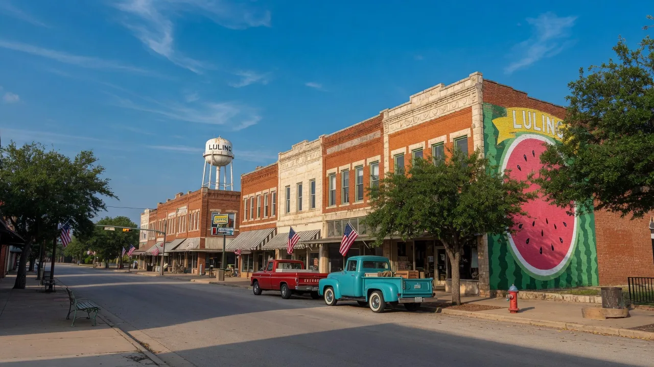 Historic downtown Luling, Texas with early-1900s brick storefronts, a watermelon-slice mural, American flags, and a distant water tower on a bright summer morning