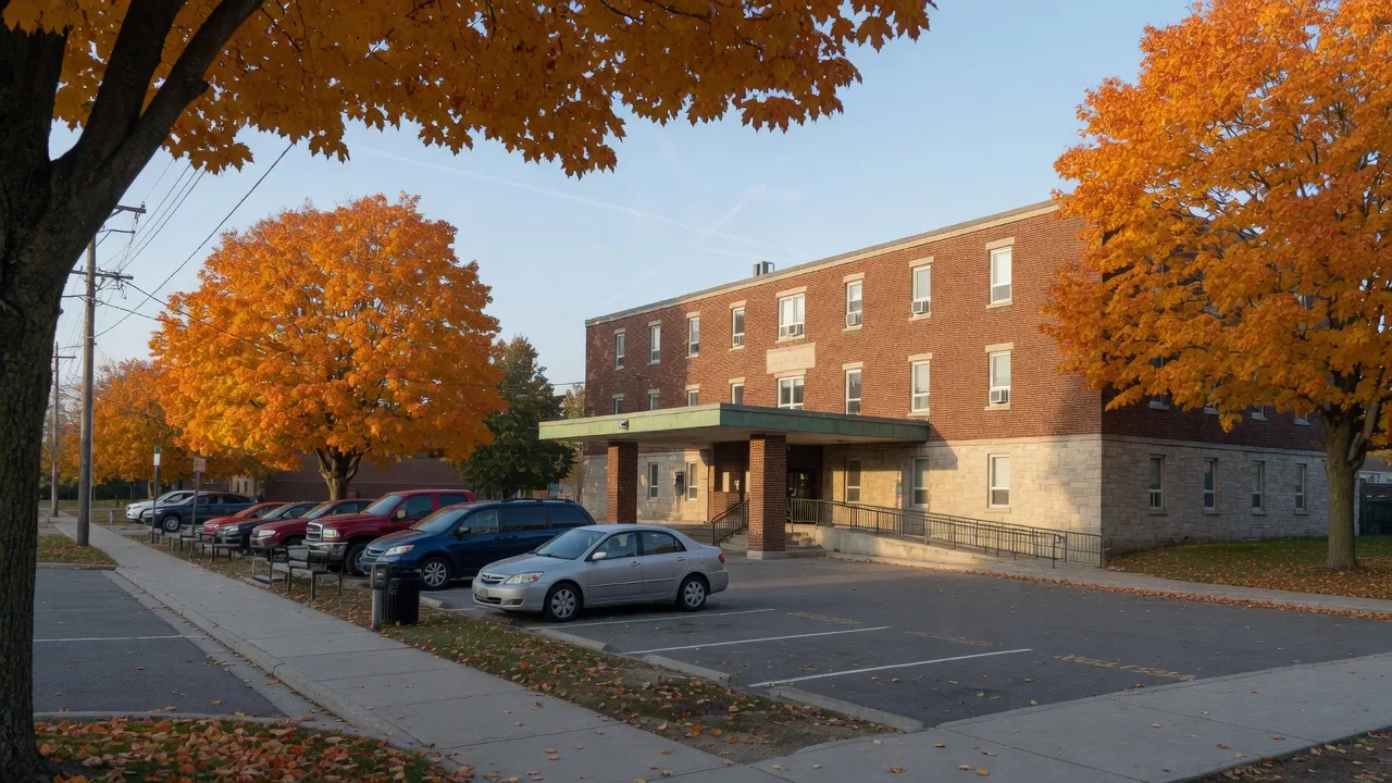 A small community hospital in a quiet Ontario town framed by golden maples on a crisp October morning
