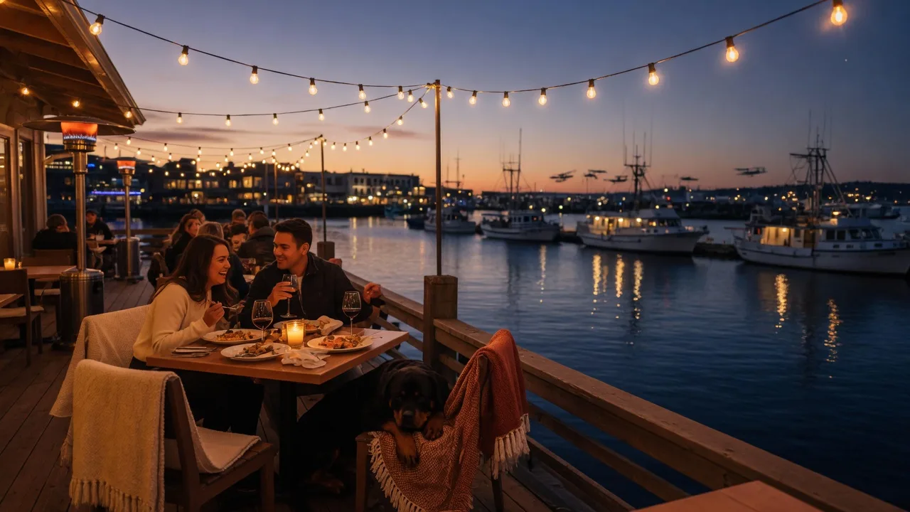 A warm evening patio in Victoria with string lights glowing overhead and a dog resting under a dinner table