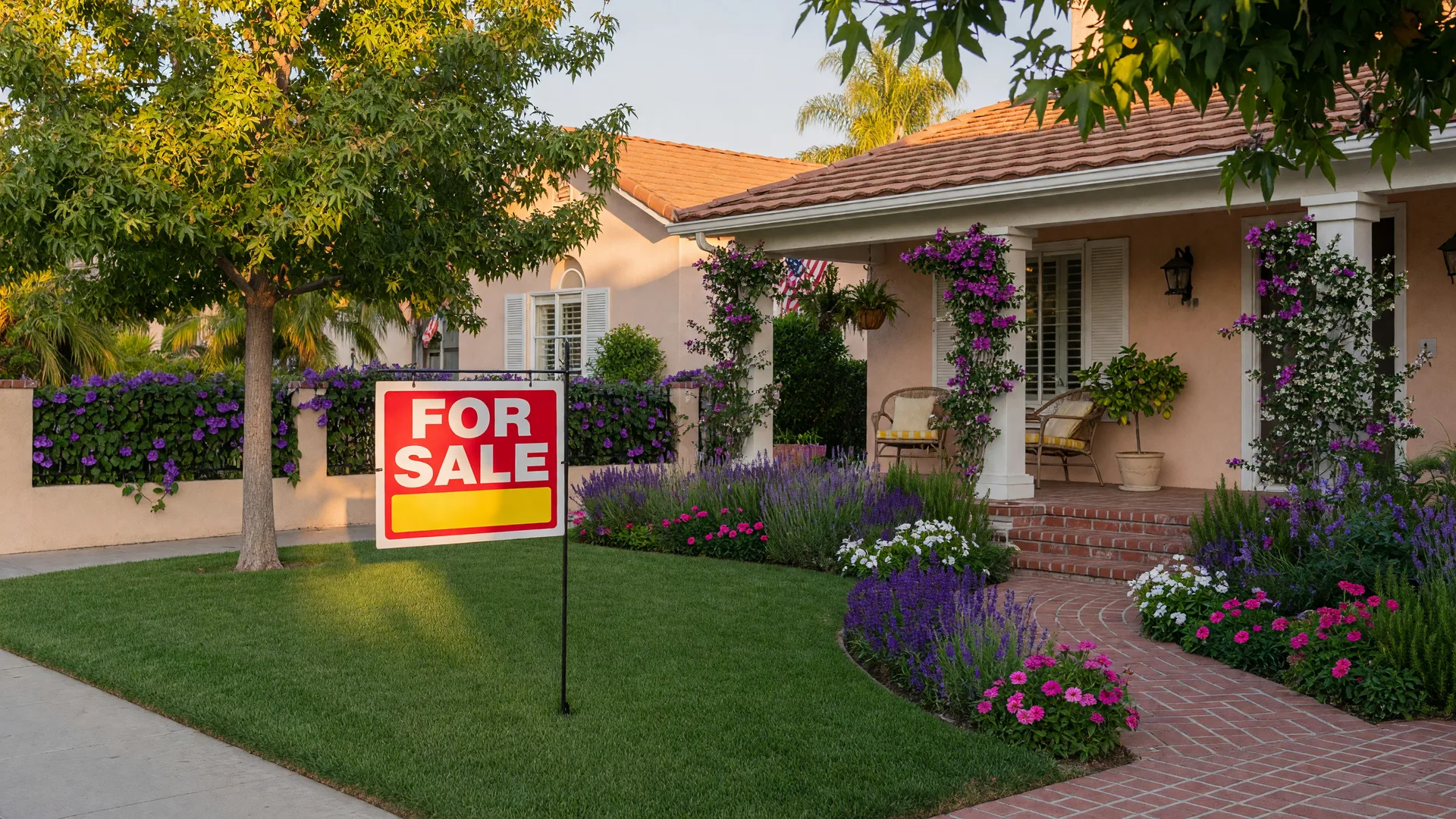 A charming California home with a 'For Sale' sign in West Covina on a sunny afternoon, welcoming front porch and lush green lawn