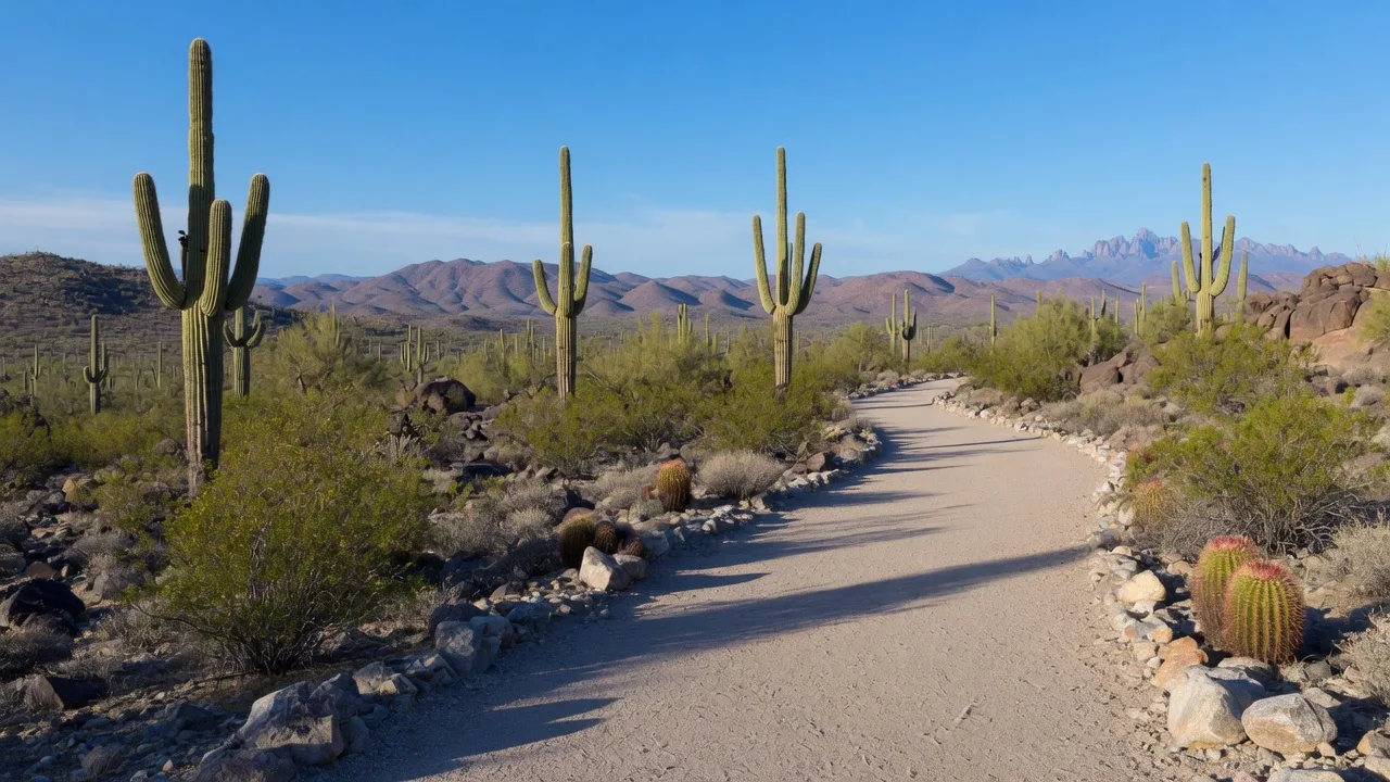 Desert hiking trail winding between saguaro cacti with mountains in the distance