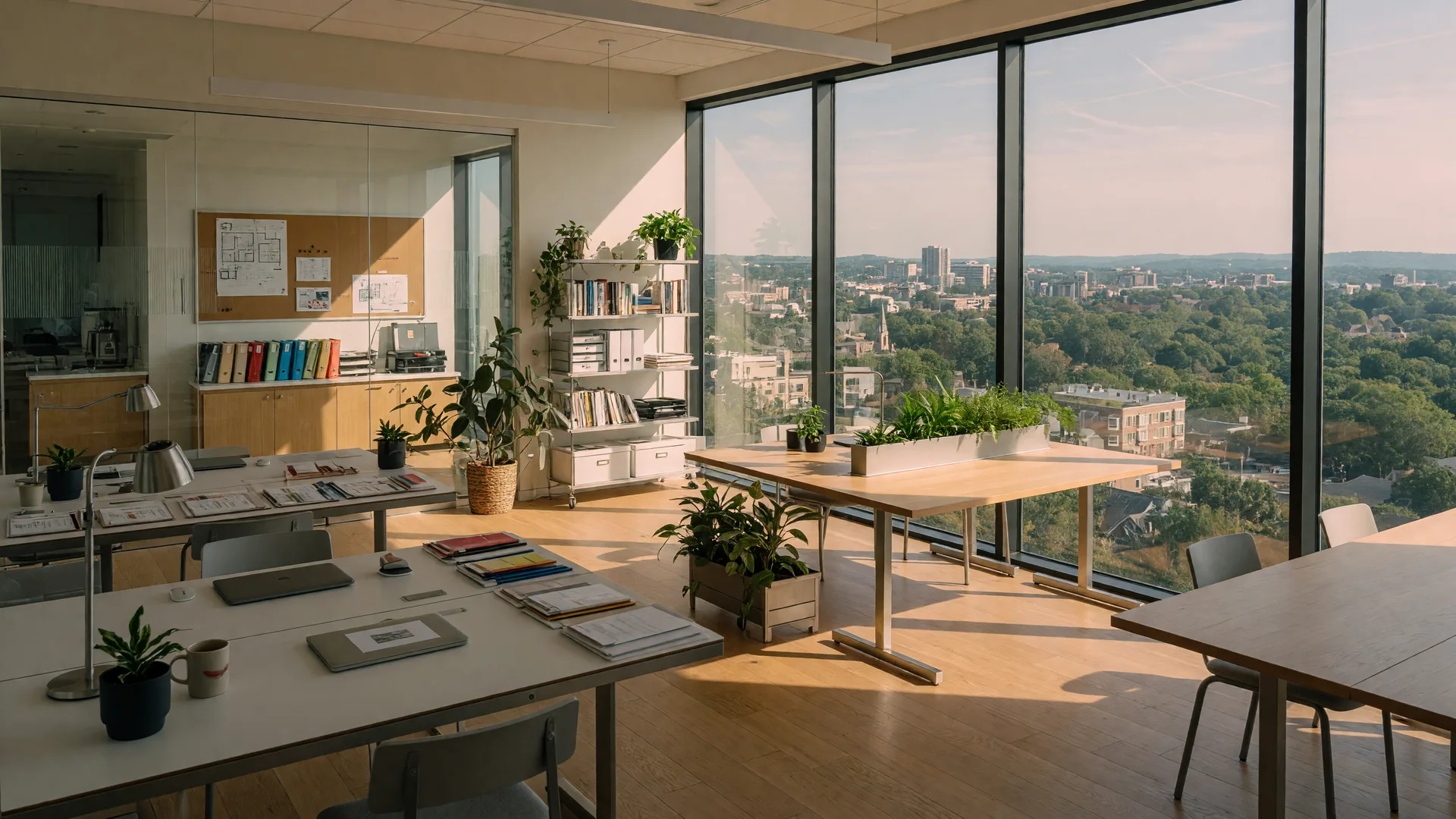 A bright modern real estate office loft with floor-to-ceiling windows overlooking a leafy city skyline