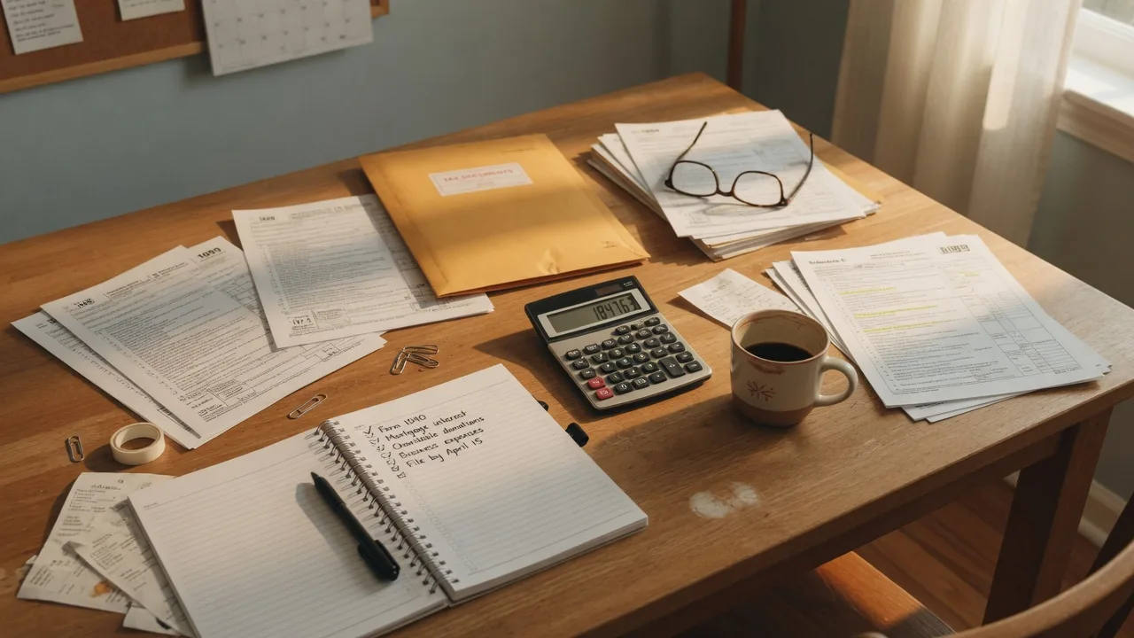 A Maryland homeowner's desk with tax documents, a calculator, reading glasses, and a checklist notebook in warm afternoon light.