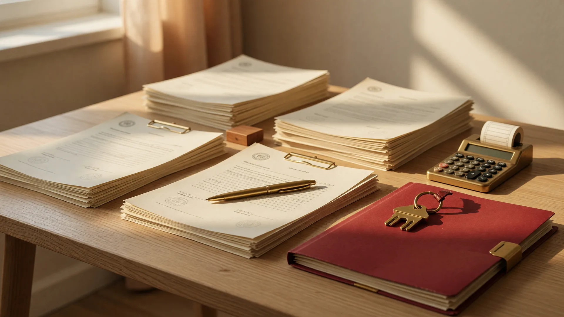 Mortgage documents, a gold pen, and a house-shaped key arranged on a warm wooden desk with soft morning light