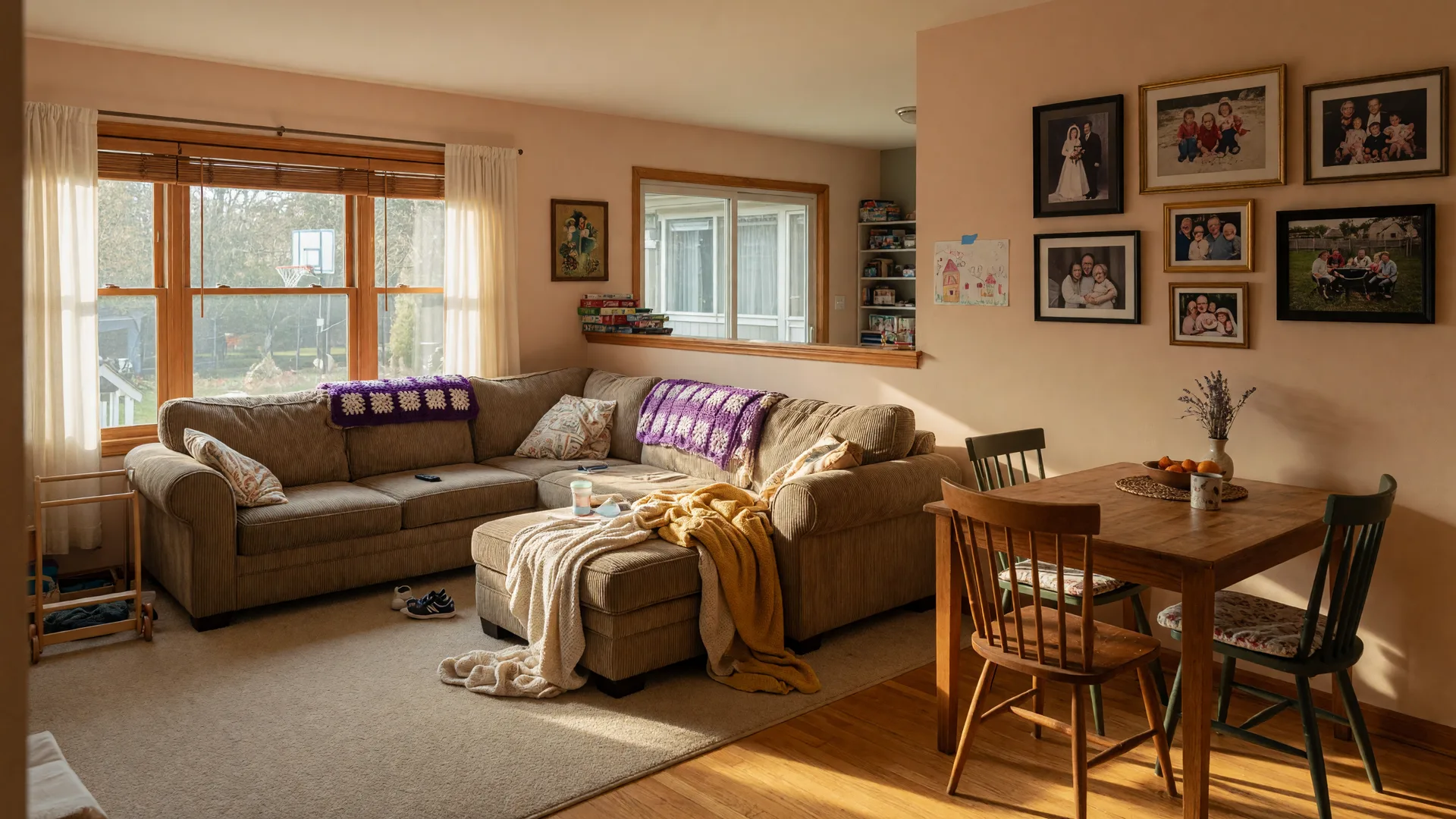 A warm photograph of a sunlit family room in a Northwest Indiana home with an open layout, a comfortable sectional sofa, a wooden dining nook, and framed family photographs on the wall