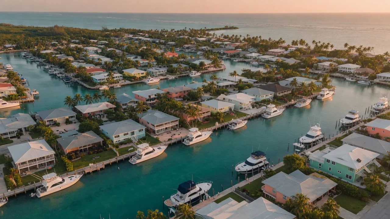 Aerial view of a Florida Keys deep-water canal community at golden hour, elevated homes on pilings beside wide canals with private docks and sportfishing yachts, the canal grid opening directly to the ocean