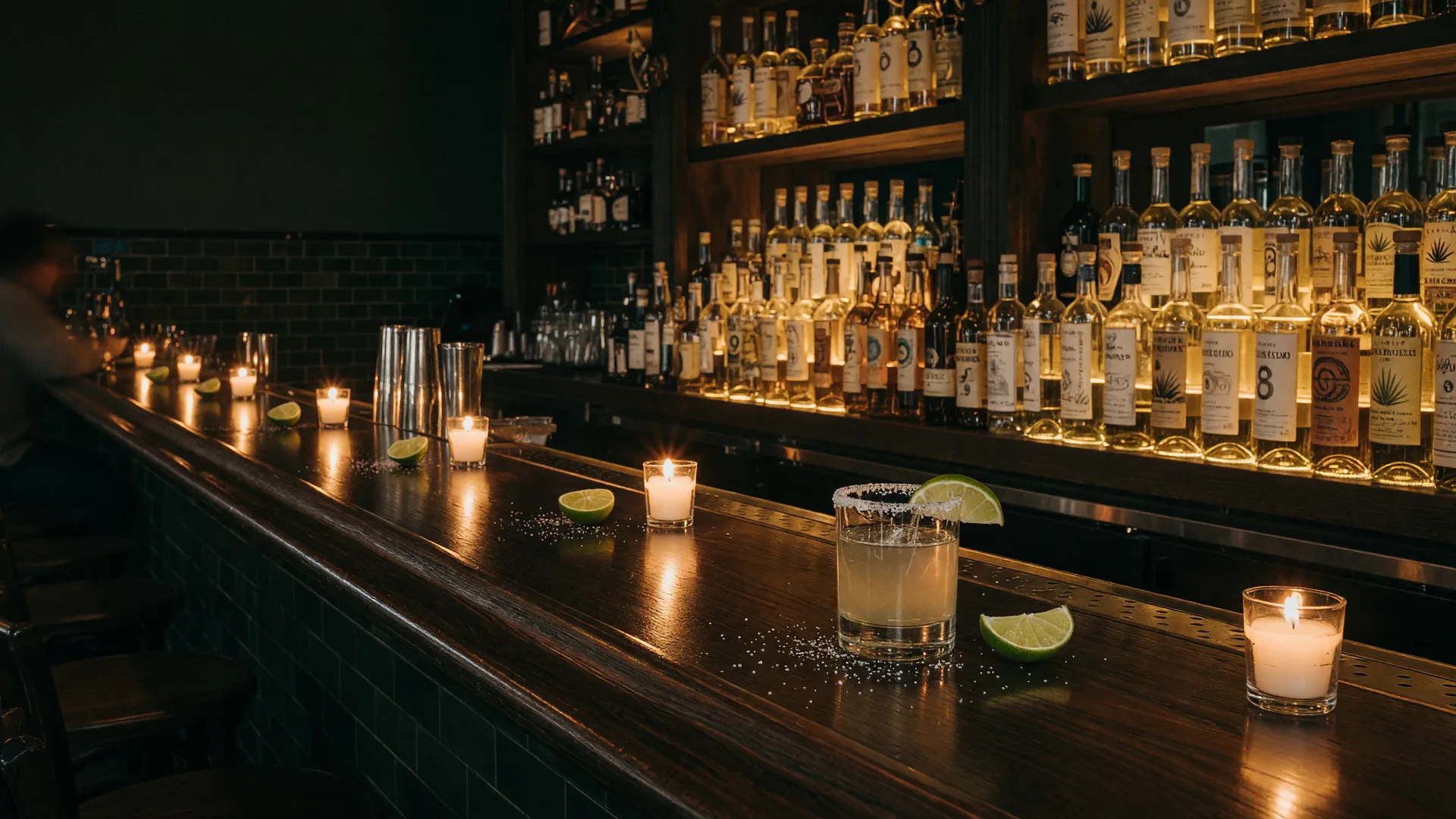 A candlelit tequila bar at night with backlit amber bottles along a dark wood counter