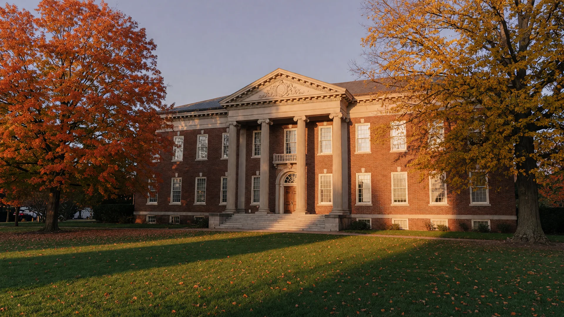 Historic Anne Arundel County courthouse building with classical columns and red brick architecture in Annapolis, Maryland on an autumn afternoon