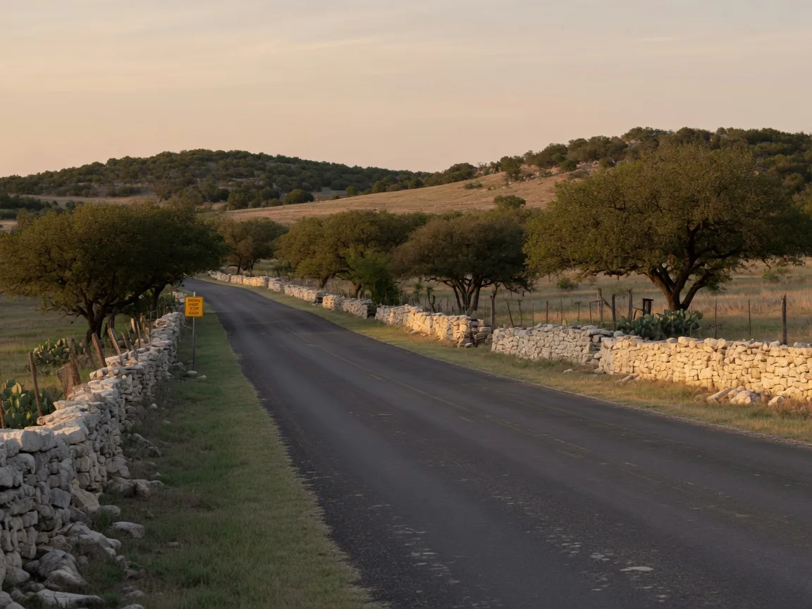 A quiet Hill Country school district bus route road lined with limestone fences and live oaks rolling through hills in late afternoon light