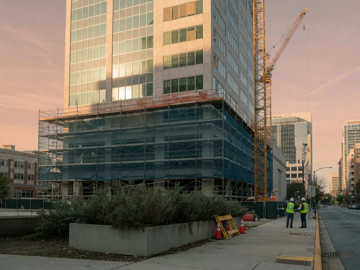 Historic office tower in downtown Atlanta with scaffolding and a crane, mid adaptive reuse conversion