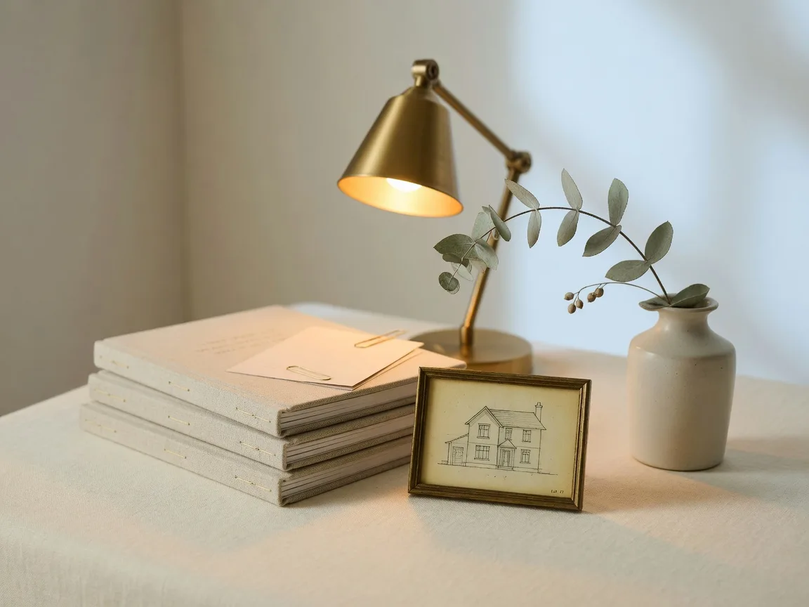 An open leather notebook with a gold pen and a warm cup of coffee on a sunlit ivory desk, symbolizing reflection and intentional planning