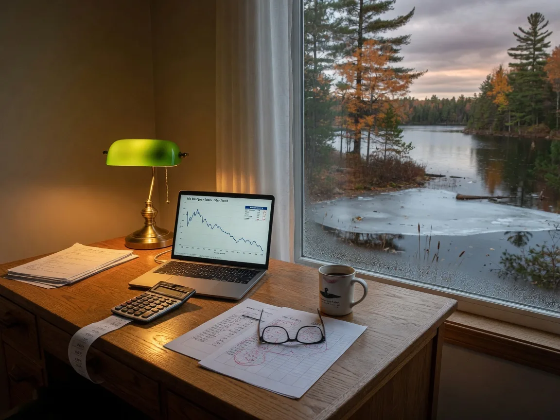 A real estate agent's desk in northern Minnesota in late October with an open laptop showing a mortgage rate chart and a market report, a calculator, a printed weekly rate ladder, reading glasses, and a coffee mug beside a window over a pine-lined lake with first ice at the shoreline
