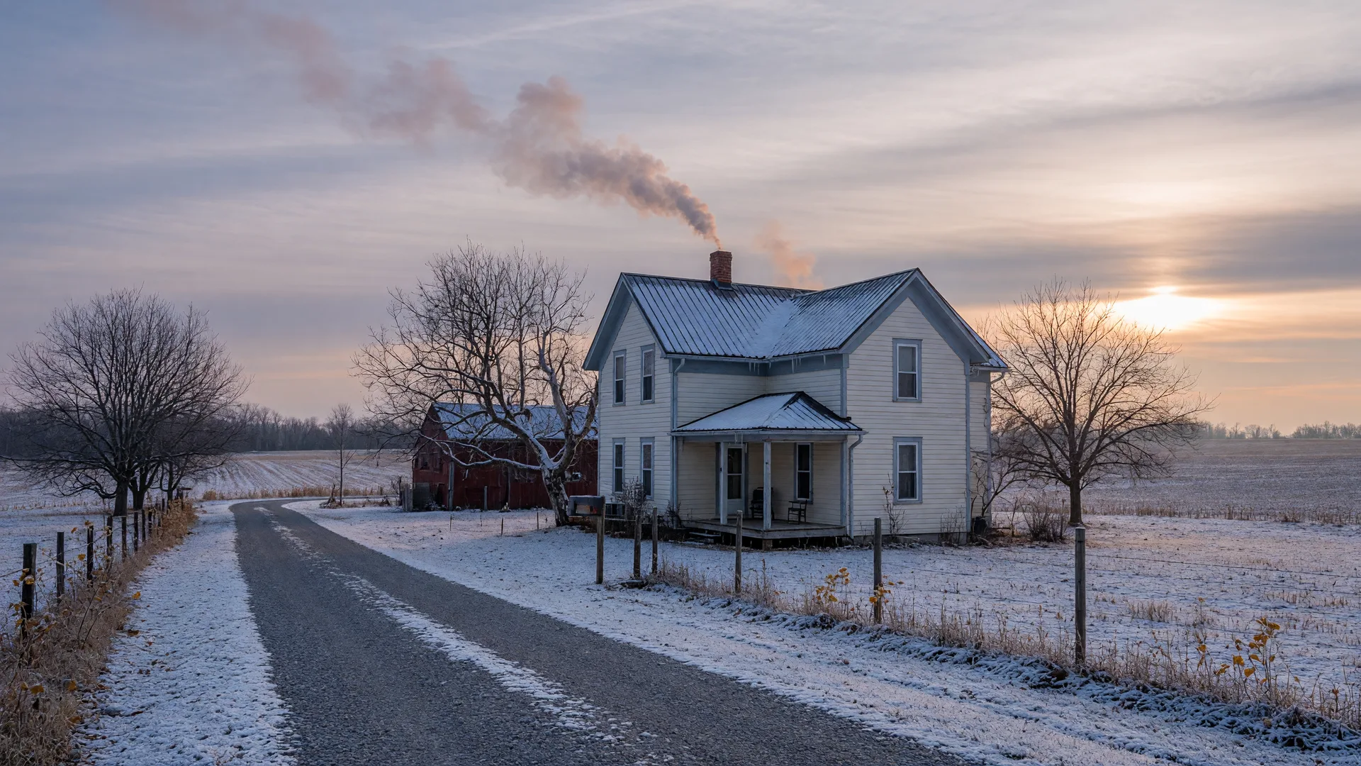 A Kentucky farmhouse on a frosty late-winter morning with light snow on the roofline and fields