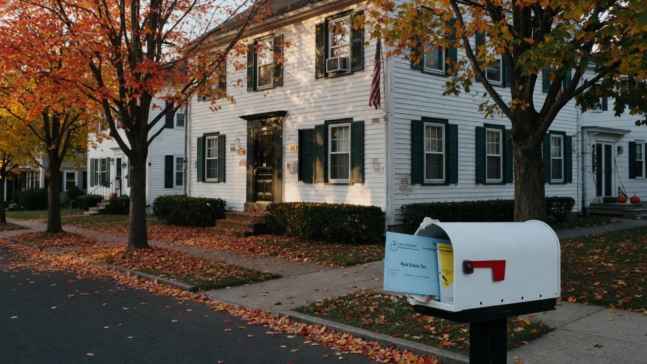 A classic white Colonial home with dark shutters on a tree-lined Montclair street in golden October light, with a white mailbox at the curb and autumn maples dropping leaves