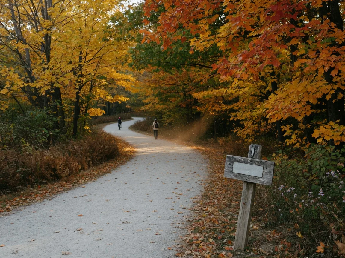 Golden autumn trees lining the crushed-stone Pennypack Trail in mid-October