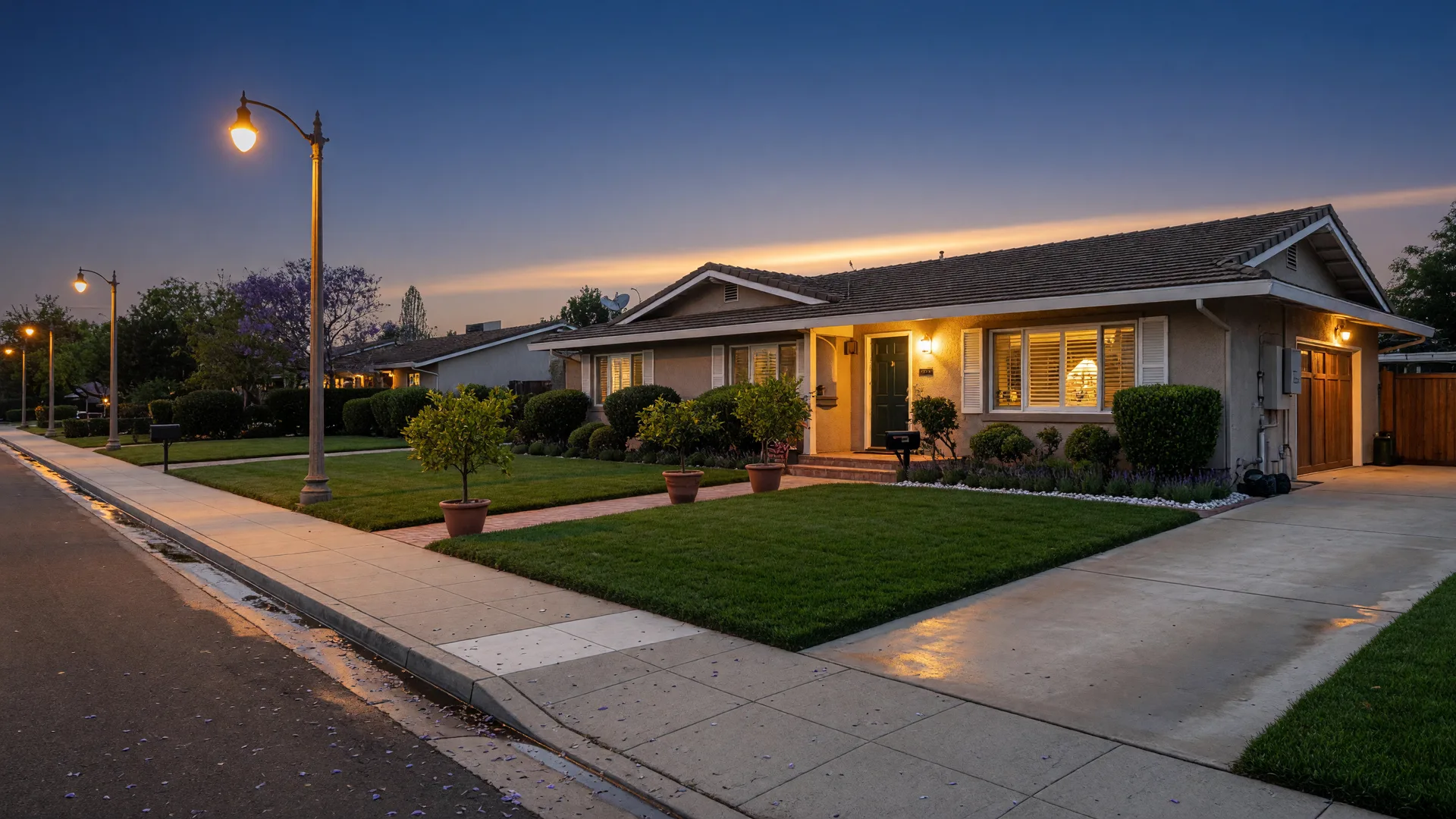 A well-kept suburban California home at early evening with a warm porch light and glowing streetlights