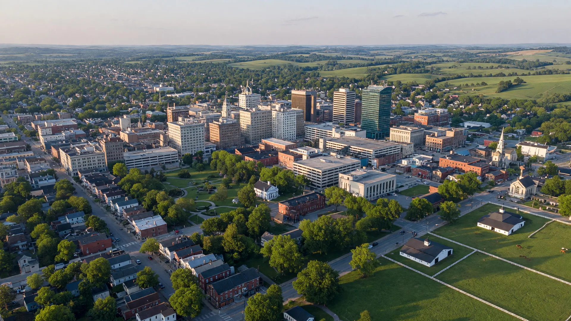 Aerial view of downtown Lexington, Kentucky on a clear morning showing the urban skyline surrounded by bluegrass countryside