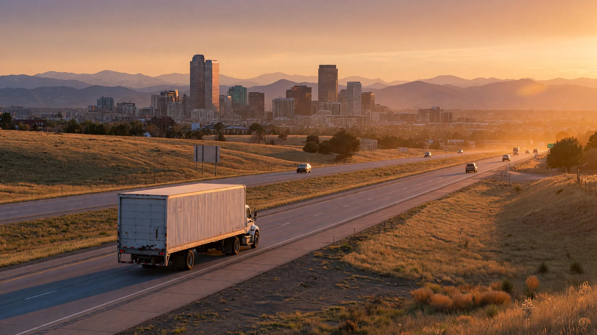 A loaded moving truck driving south on Interstate 25 out of Denver at golden hour, the downtown Denver skyline and the Rocky Mountains receding behind it