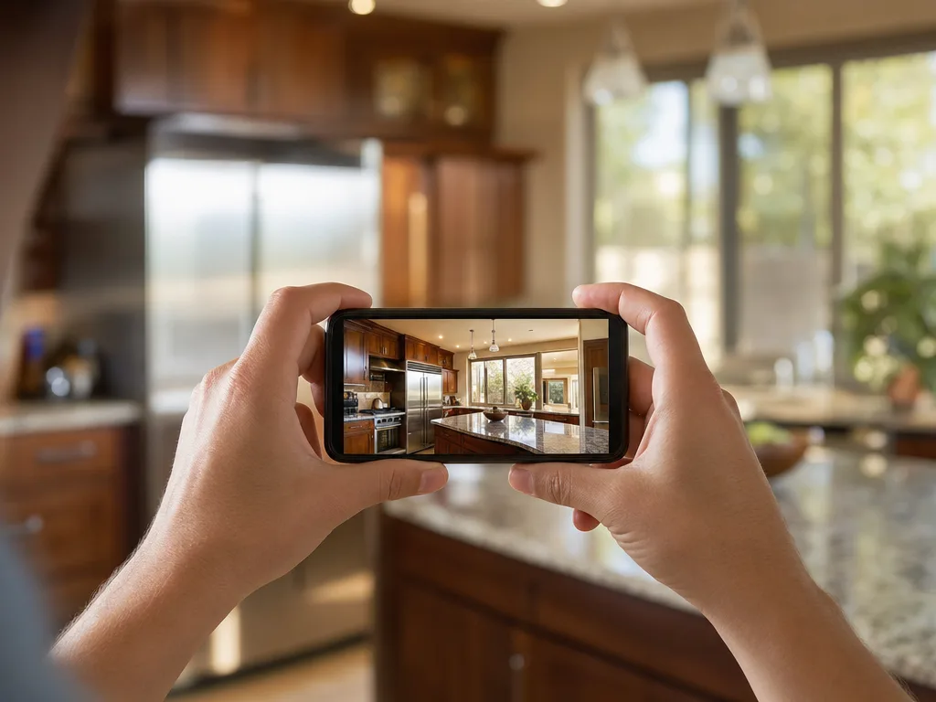 Home buyer taking a photo of a modern kitchen with granite countertops and stainless steel appliances