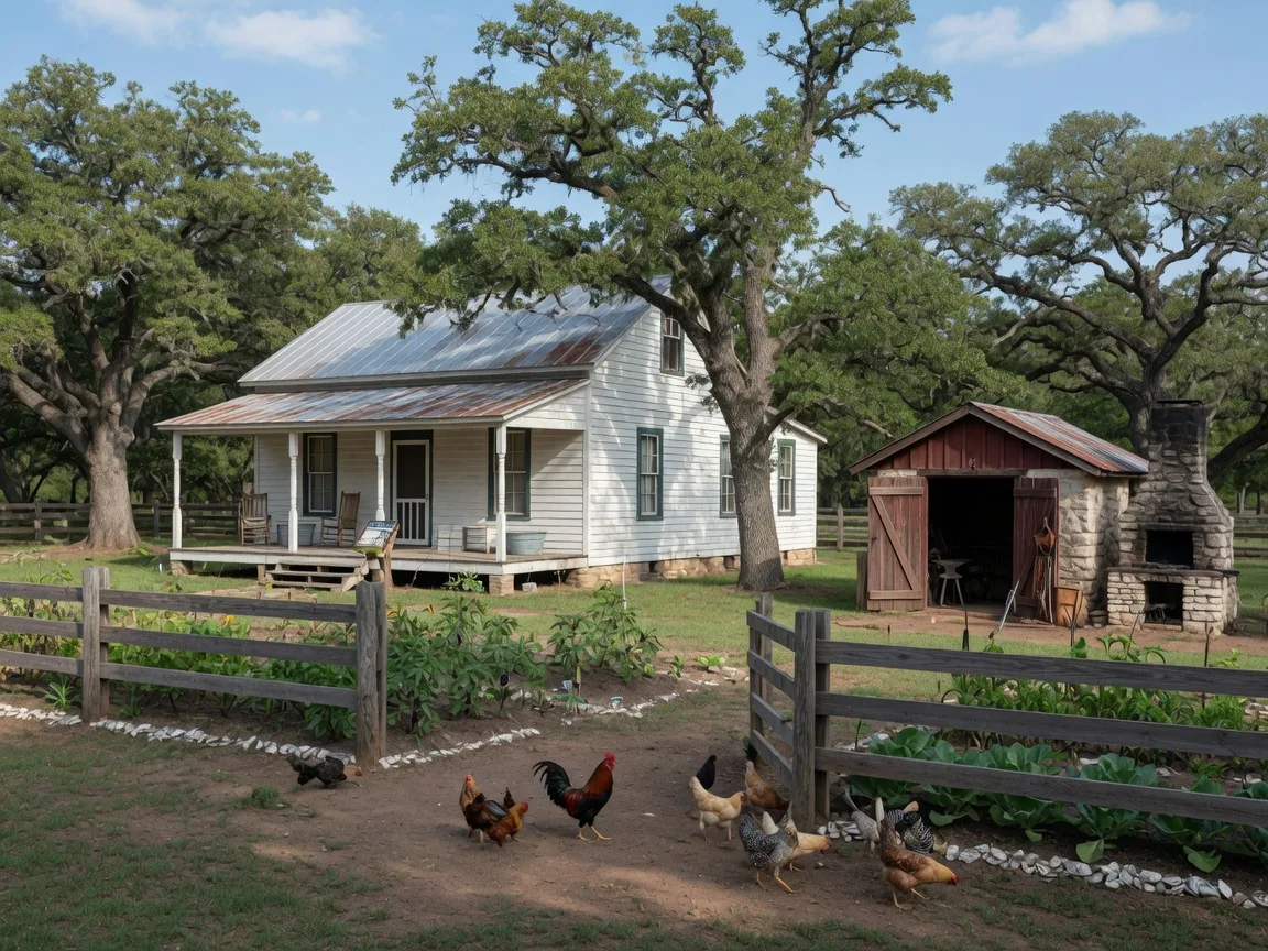 Historic white wooden farmhouse at Sauer-Beckmann Living History Farm with split-rail fences, heritage gardens, and chickens roaming the yard under mature live oak trees