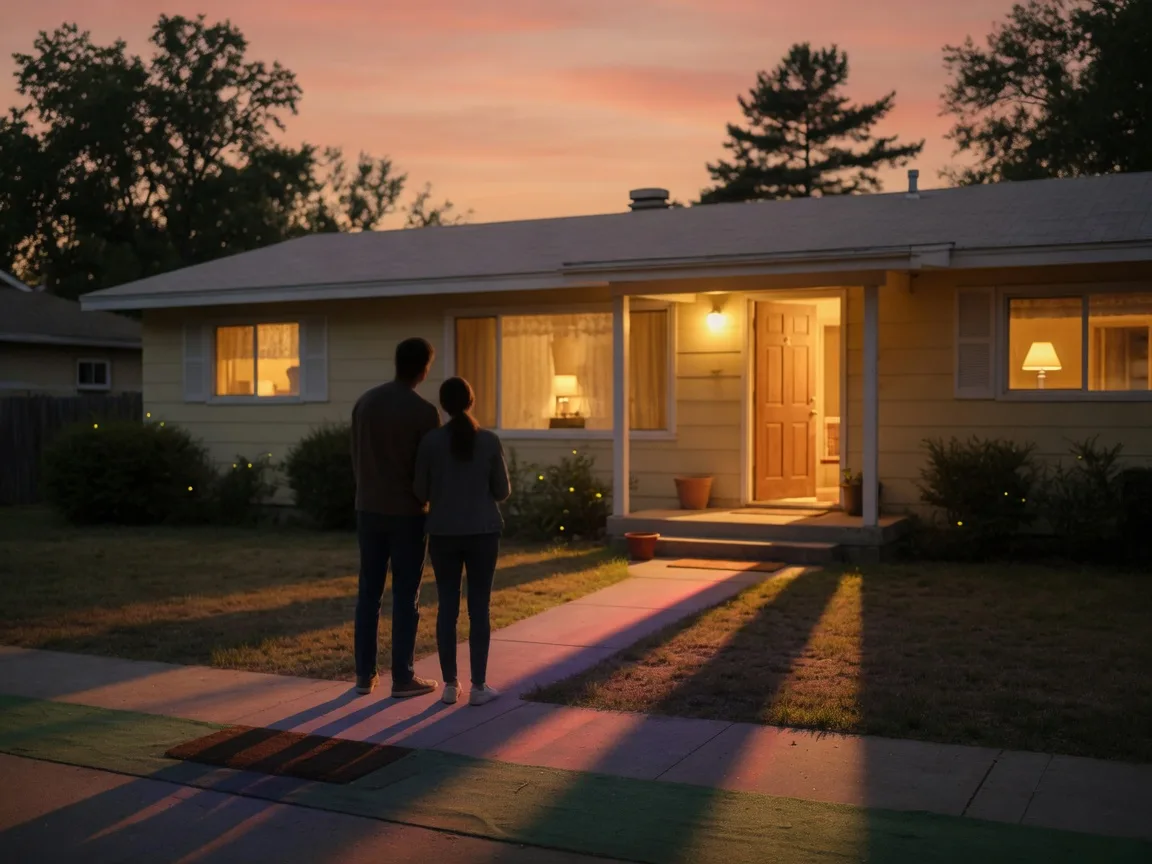 New homeowners on the front porch of their ranch home at sunset, warm light behind them