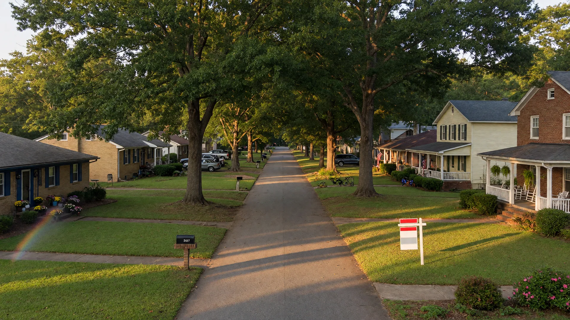 Tree-lined residential street in a Columbia SC Midlands neighborhood with a For Sale sign on a late summer afternoon