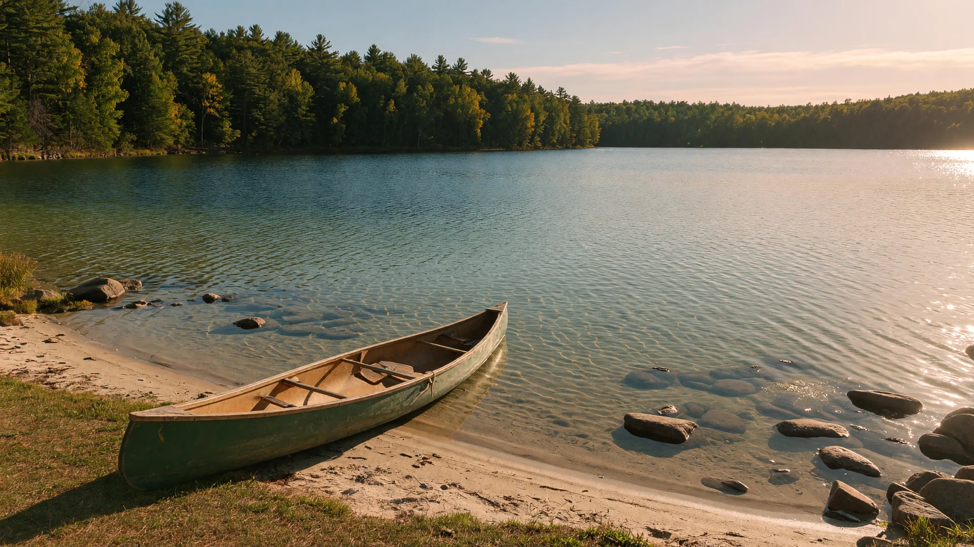 Quiet, exceptionally clear Minnesota lake with a canoe on a grassy shore and forest all around