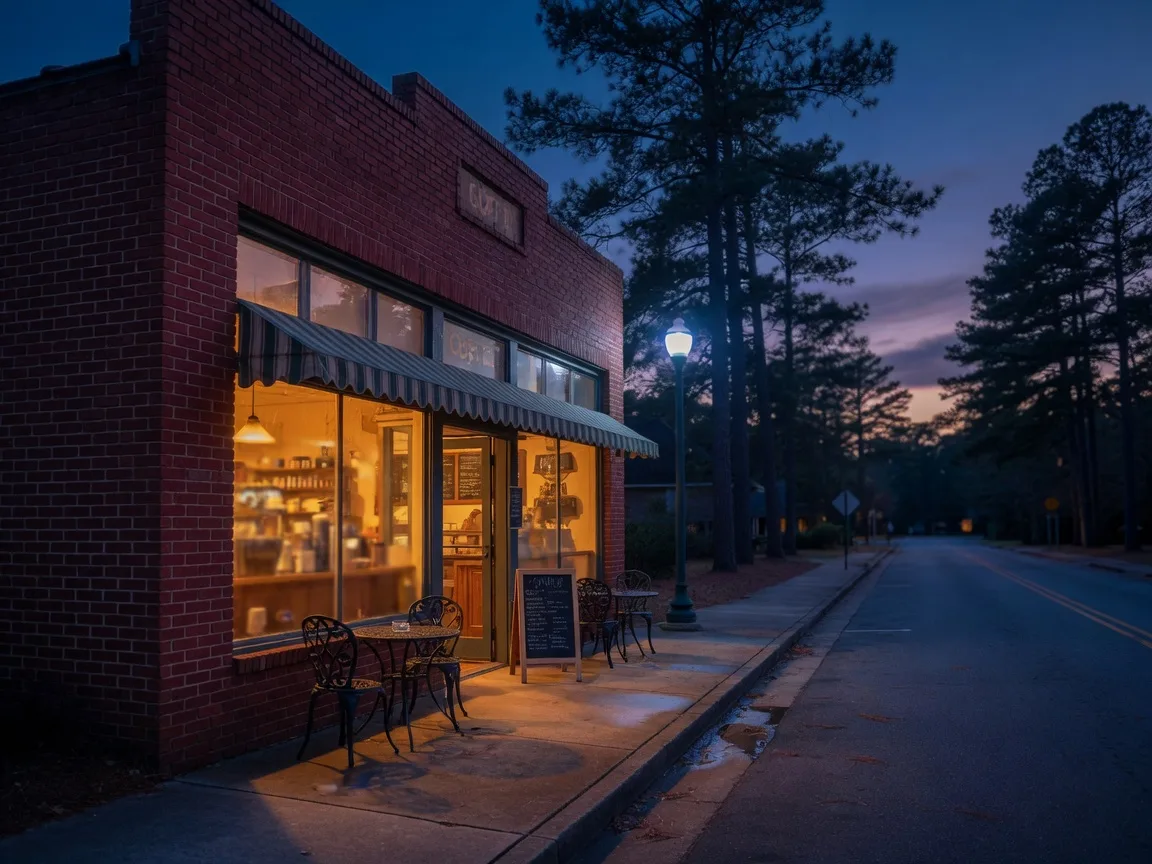 A warm-lit brick coffee shop on a Southern Pines street at dusk