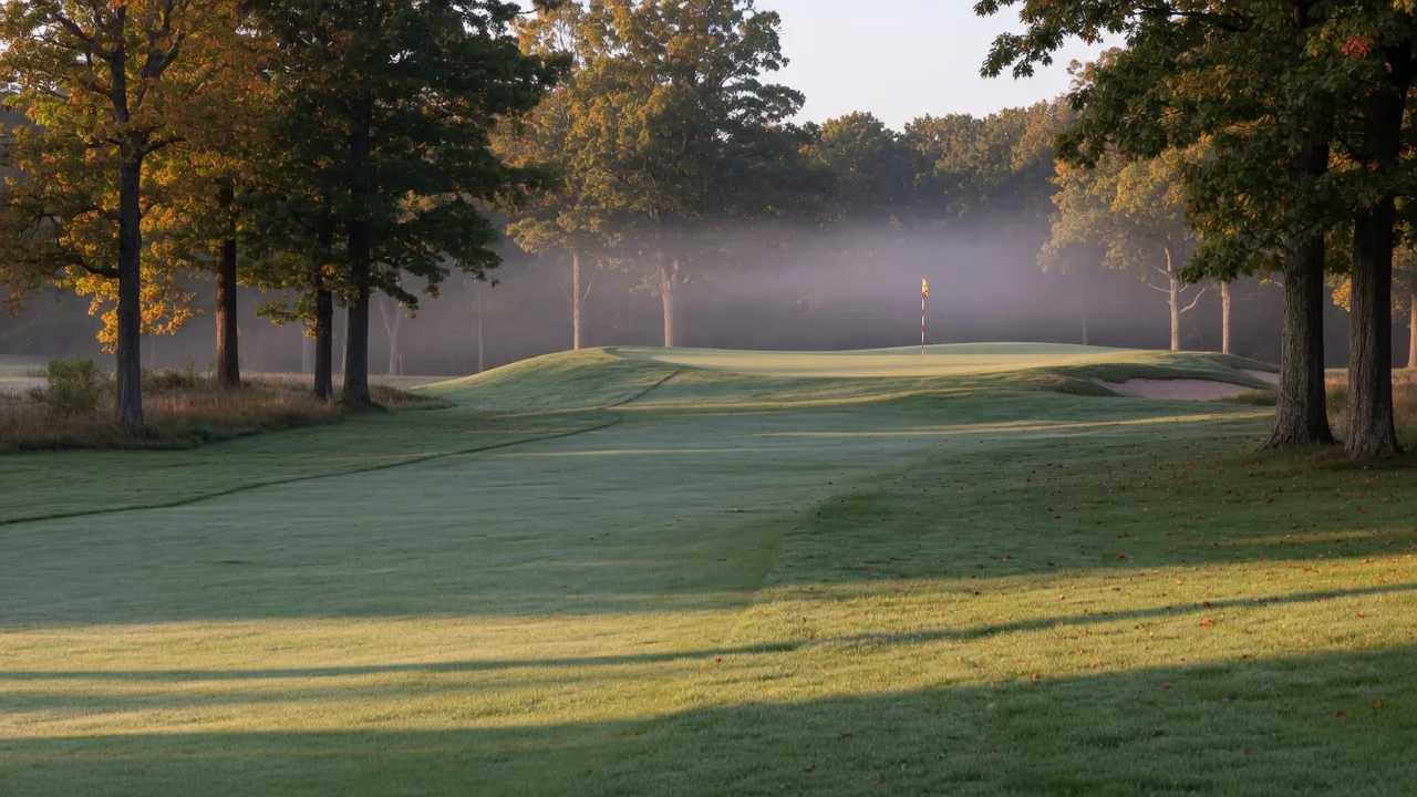 A fairway at a public golf course near Fenton Michigan in late October, lined with oak and maple trees in full fall color