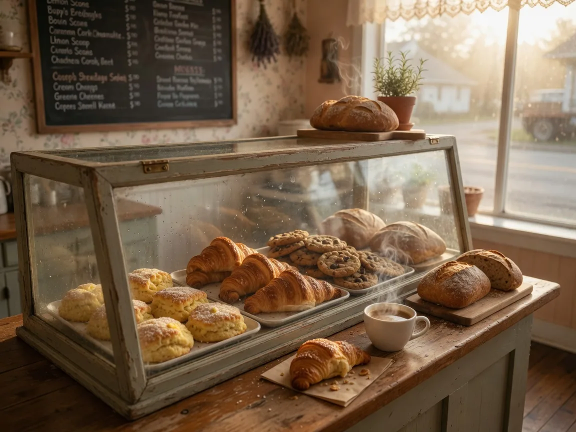 A wooden display counter with a glass case of freshly baked lemon scones, croissants, cookies, and artisan loaves at Underground Bake Shop in Beaverton, with a chalkboard menu behind the counter and morning light through the front window