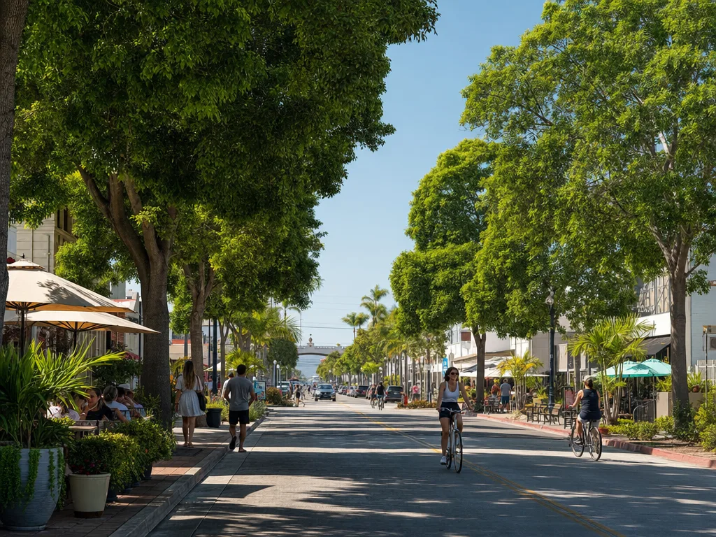 Tree-lined Orange Avenue in Coronado Village with boutique storefronts, outdoor cafes, and pedestrians on a bright summer afternoon