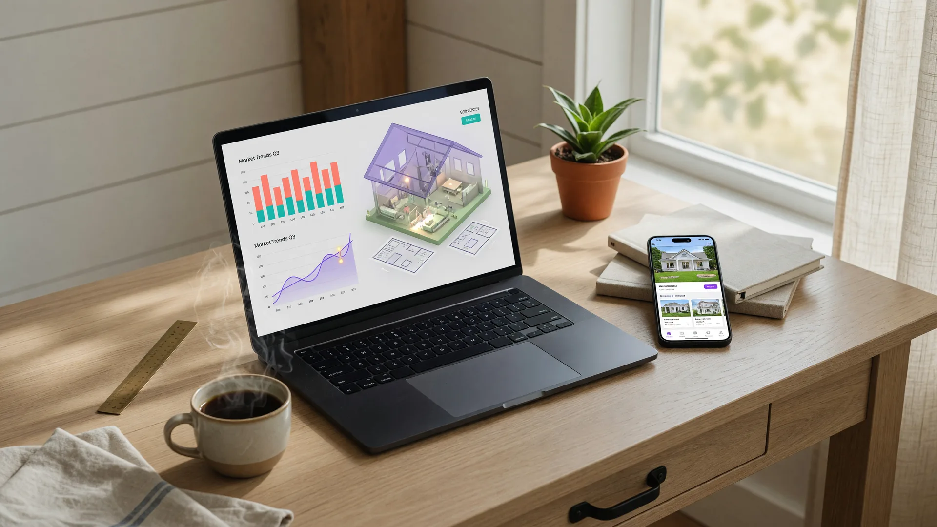 AI-powered real estate analytics dashboard with data charts and home valuation tools