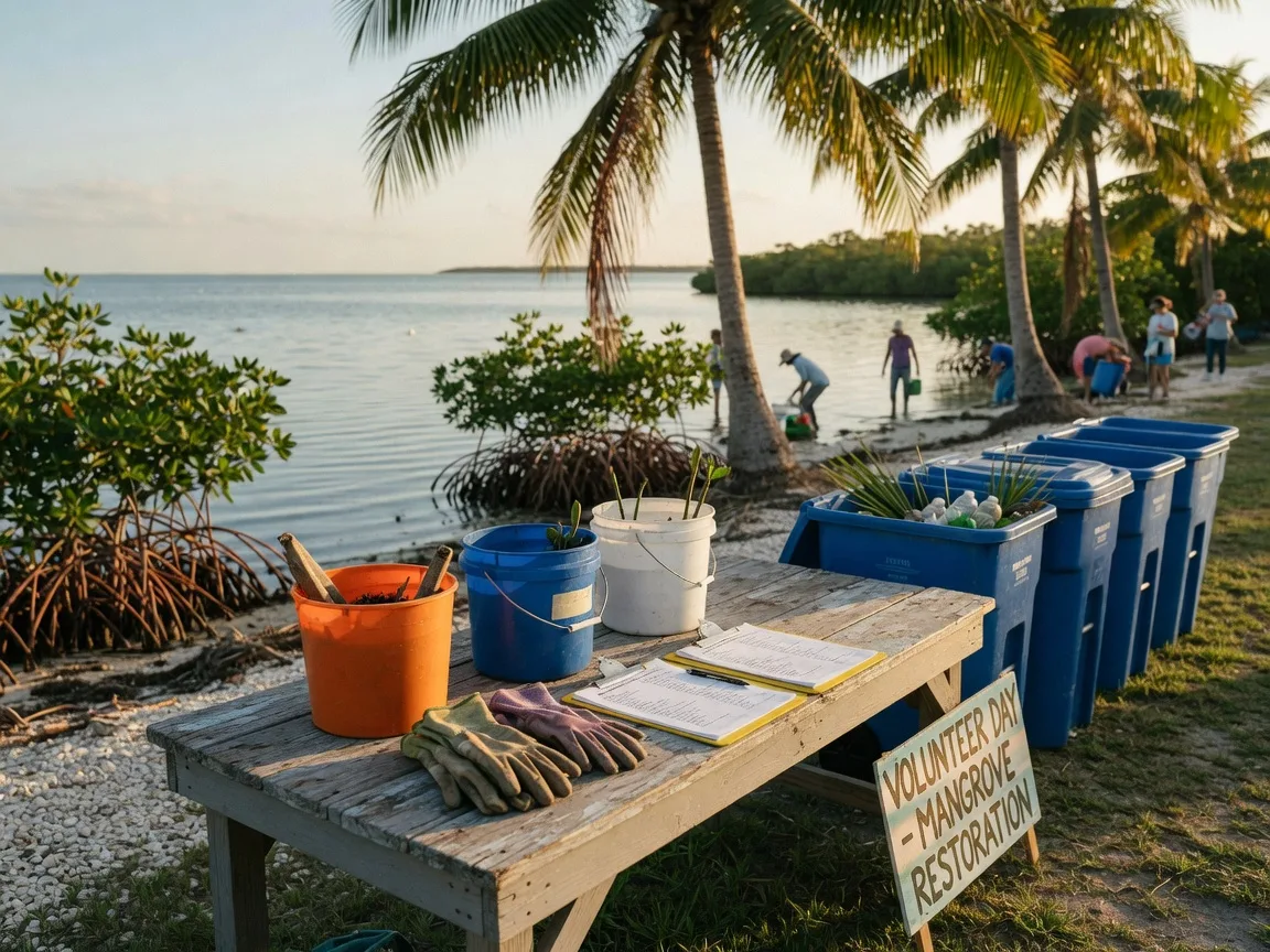 A sunny waterfront park in the Upper Florida Keys on a volunteer morning, a weathered wooden event table holding buckets, gardening gloves, and a clipboard with a small banner and recycling bins under mature palms, a mangrove shoreline and calm bay water beyond, distant figures gathering along the shore in golden light