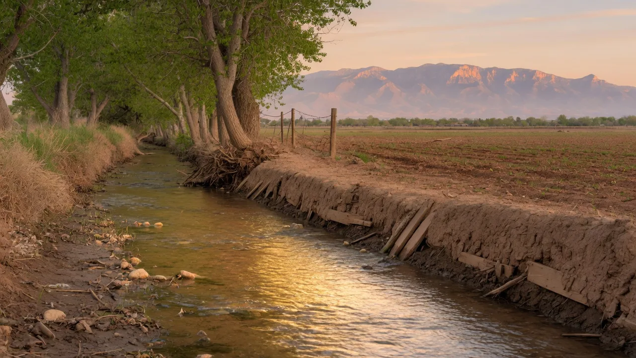 A New Mexico acequia irrigation ditch catching golden morning light beside a field, with cottonwood trees and the Sandia Mountains in the distance