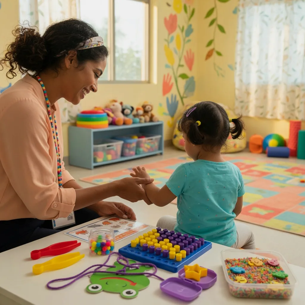 A pediatric occupational therapist helping a child develop fine motor skills with colorful therapy tools