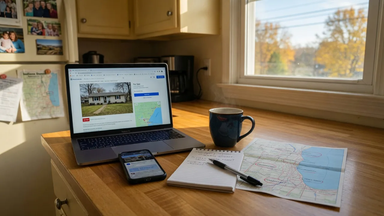 A bright editorial photograph of a kitchen counter in a Northwest Indiana home with an open laptop, a smartphone, a coffee mug, a notepad and pen, and a printed map of Northwest Indiana lake towns in warm morning light