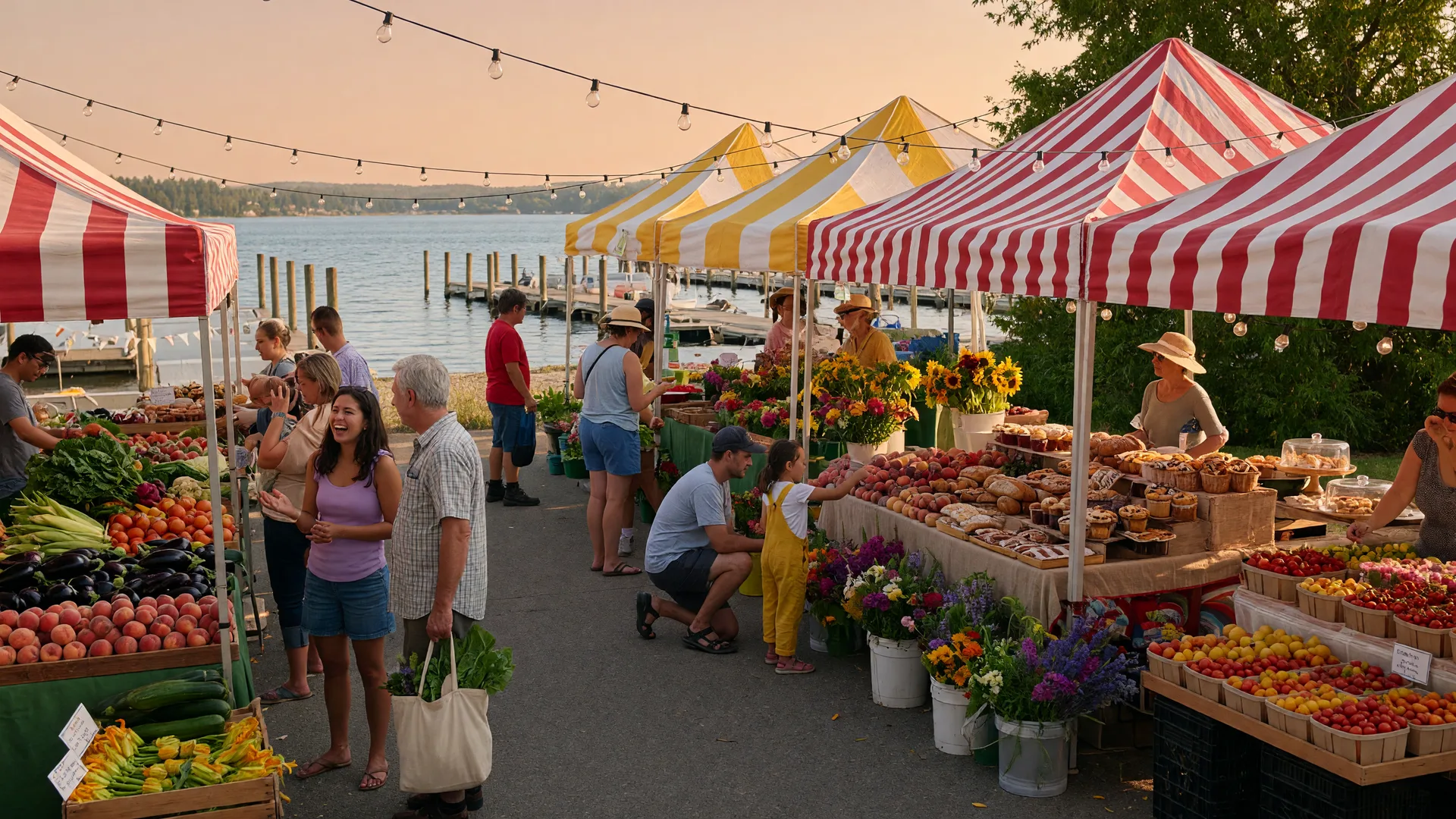 A lively community farmers market with produce stalls and string lights