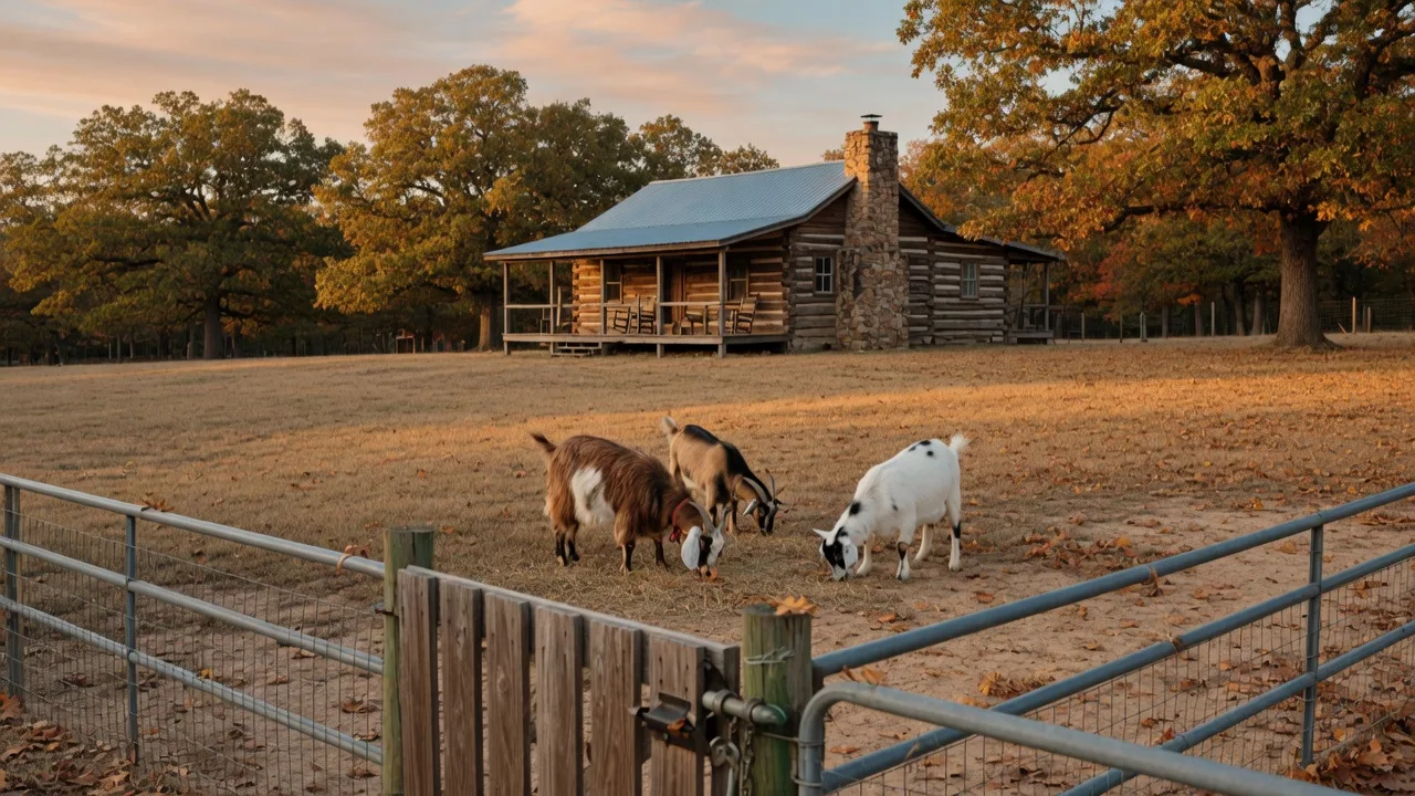 Three goats grazing in a fenced pasture on a Northeast Texas acreage at golden hour, with pipe fencing and a wooden gate in the foreground and a log cabin among oak trees behind them